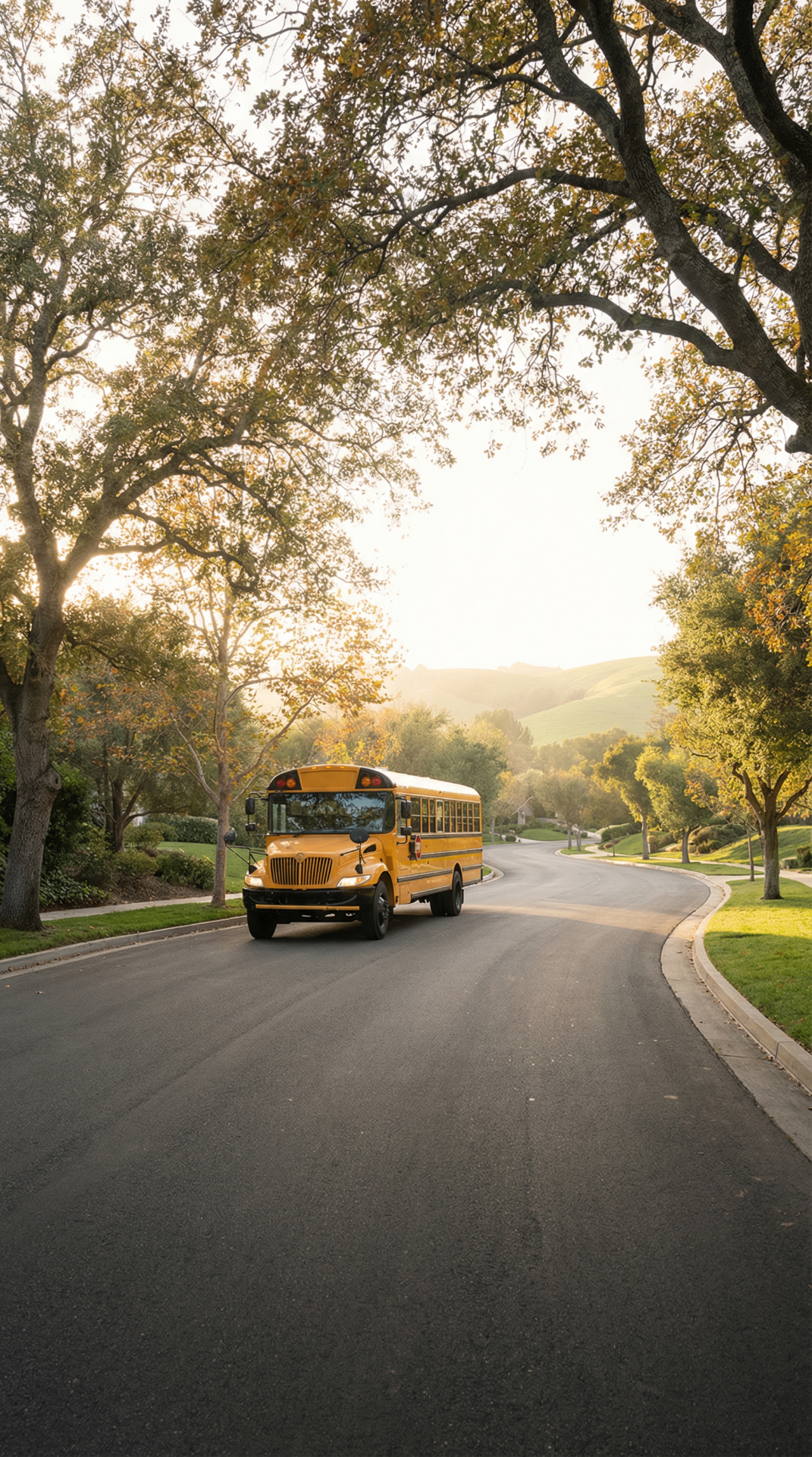 School bus on a tree-lined road